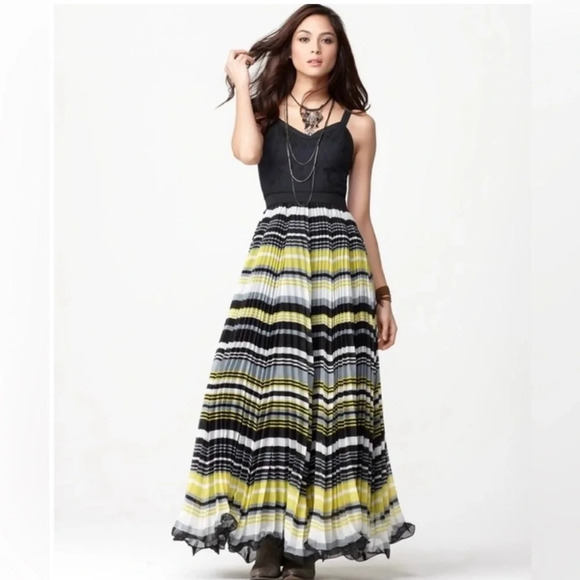 Free People Maxi Dress Pleated Stripes California Sunrise yellow combo Size: 10 - Picture 1 of 5